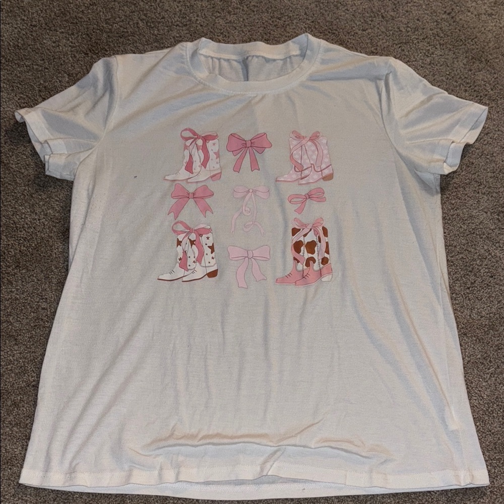 White T-Shirt with Pink Boot and Bow Design